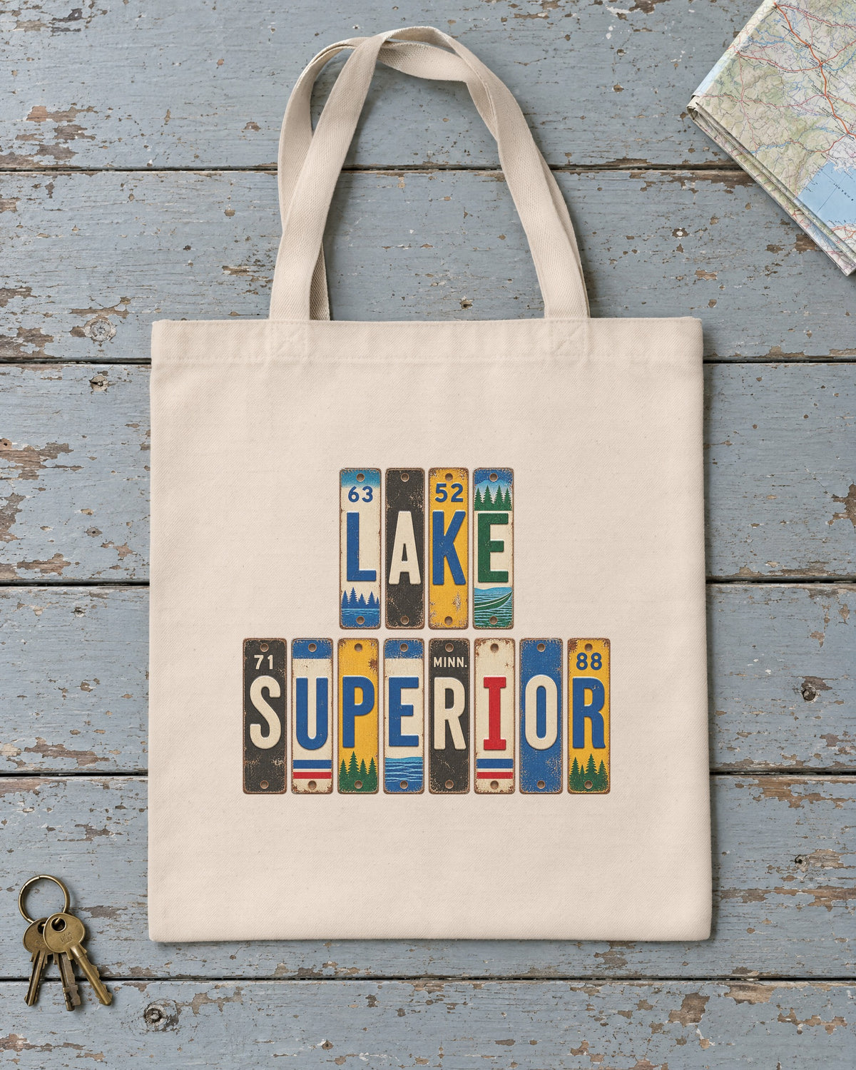 Lake Superior, Minnesota vintage license plate tote bag in Natural