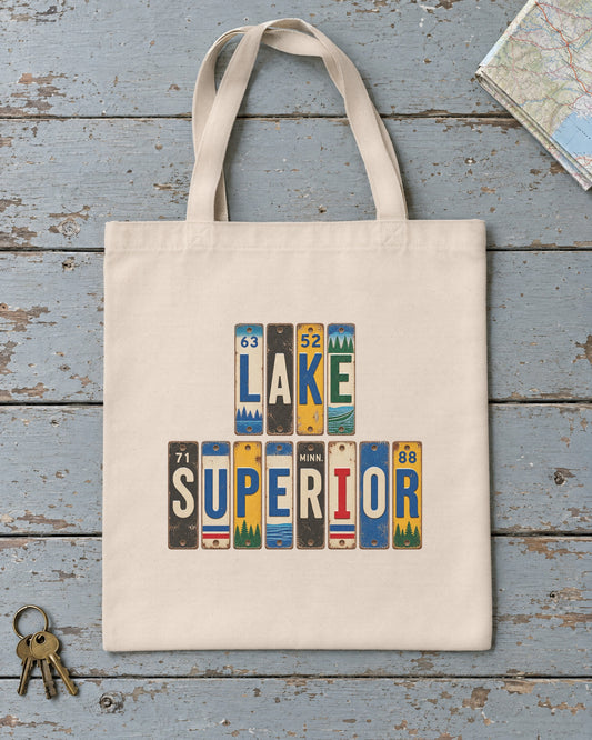 Lake Superior, Minnesota vintage license plate tote bag in Natural