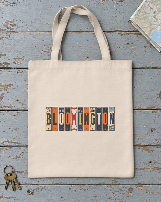 Bloomington, Indiana vintage license plate tote bag in Natural