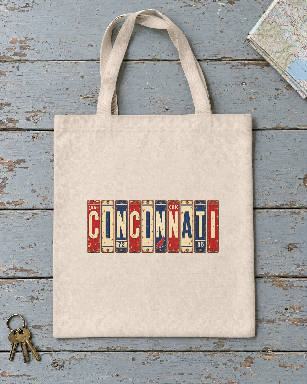 Cincinnati, Ohio vintage license plate tote bag in Natural