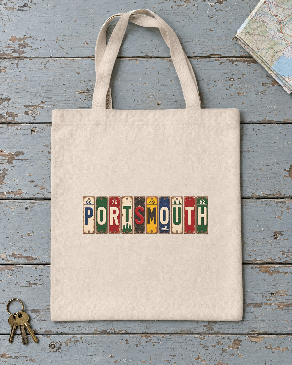 Portsmouth, New Hampshire vintage license plate tote bag in Natural