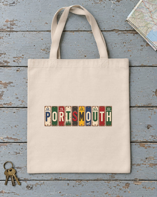 Portsmouth, New Hampshire vintage license plate tote bag in Natural