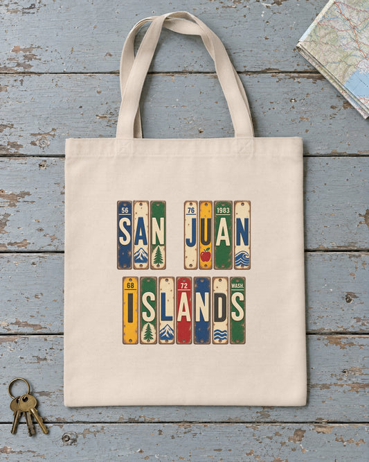 San Juan Islands, Washington vintage license plate tote bag in Natural