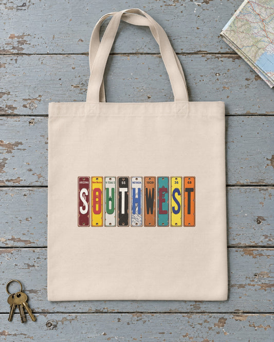 Southwest vintage license plate tote bag in Natural