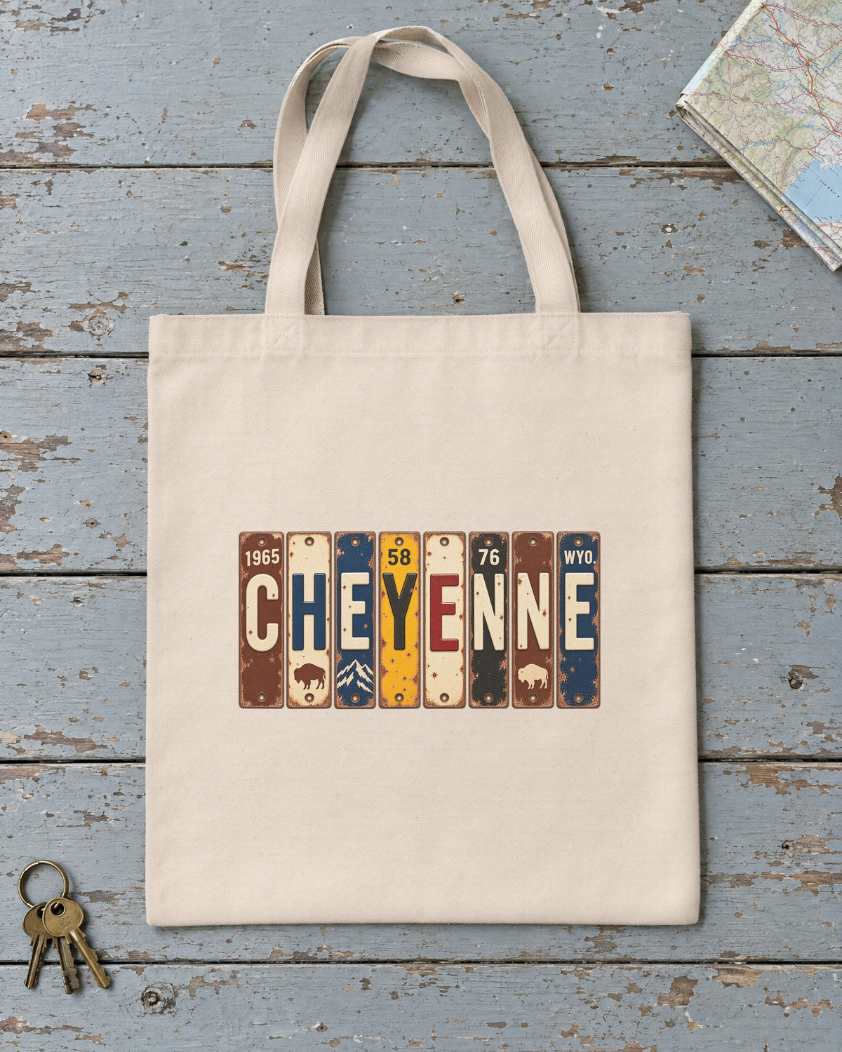 Cheyenne, Wyoming vintage license plate tote bag in Natural