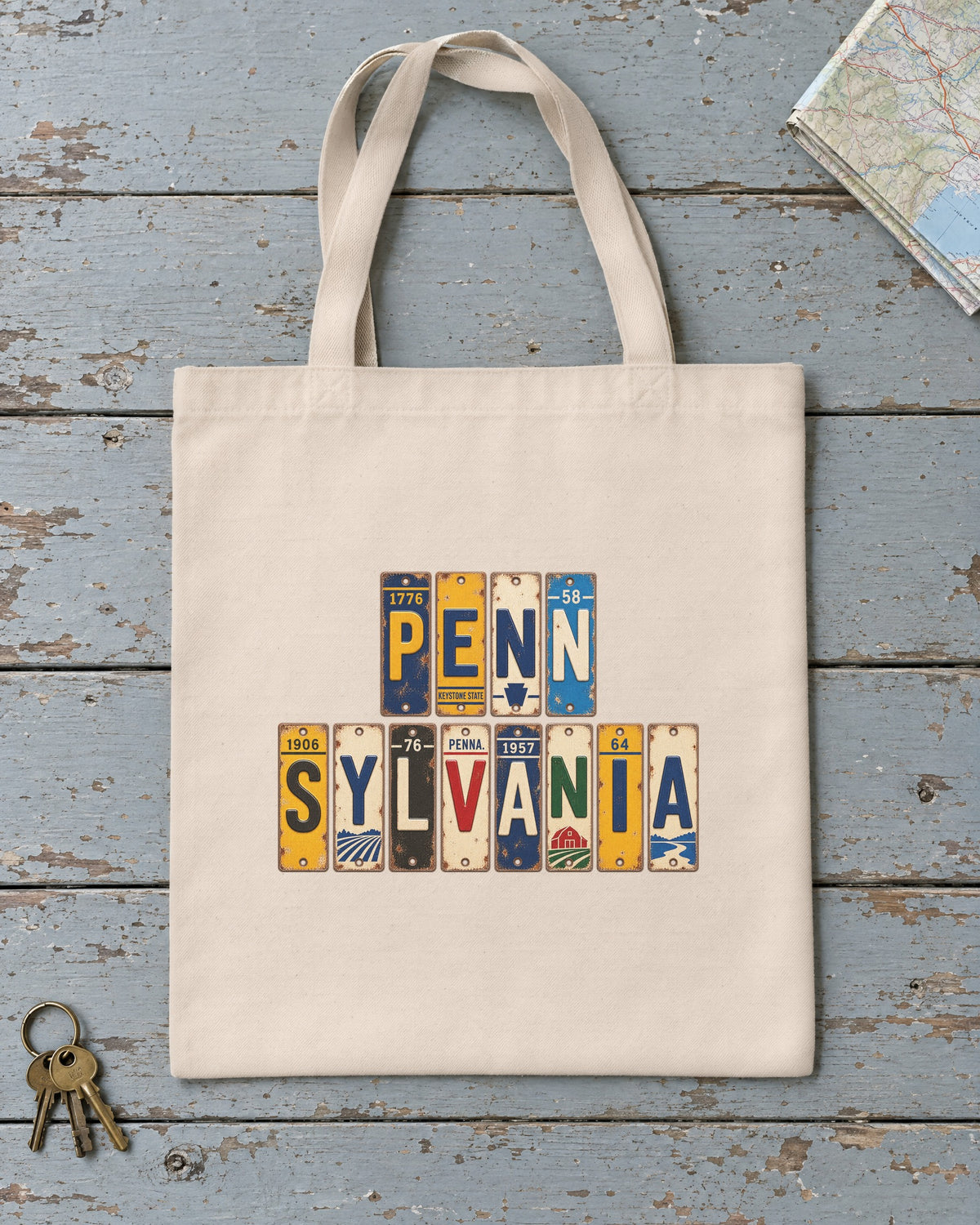 Pennsylvania vintage license plate tote bag in Natural