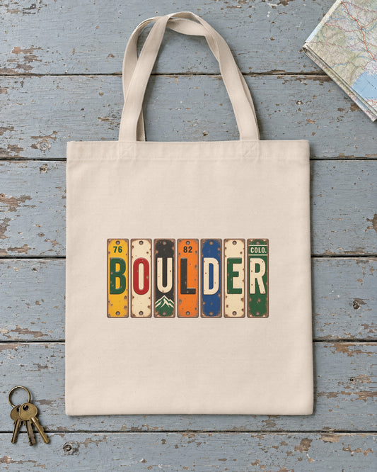 Boulder, Colorado vintage license plate tote bag in Natural