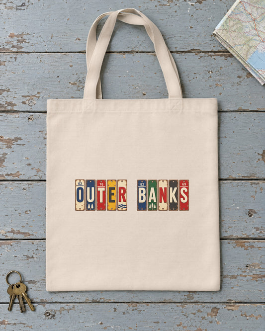 Outer Banks, North Carolina vintage license plate tote bag in Natural