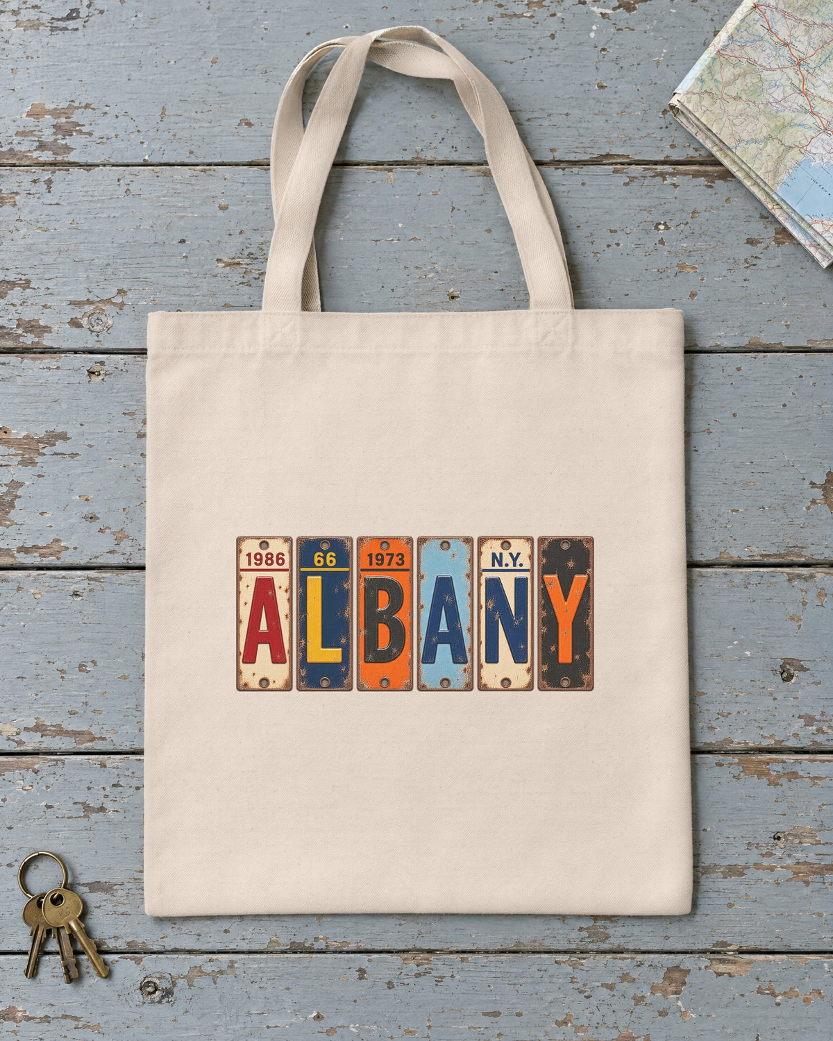 Albany, New York vintage license plate tote bag in Natural