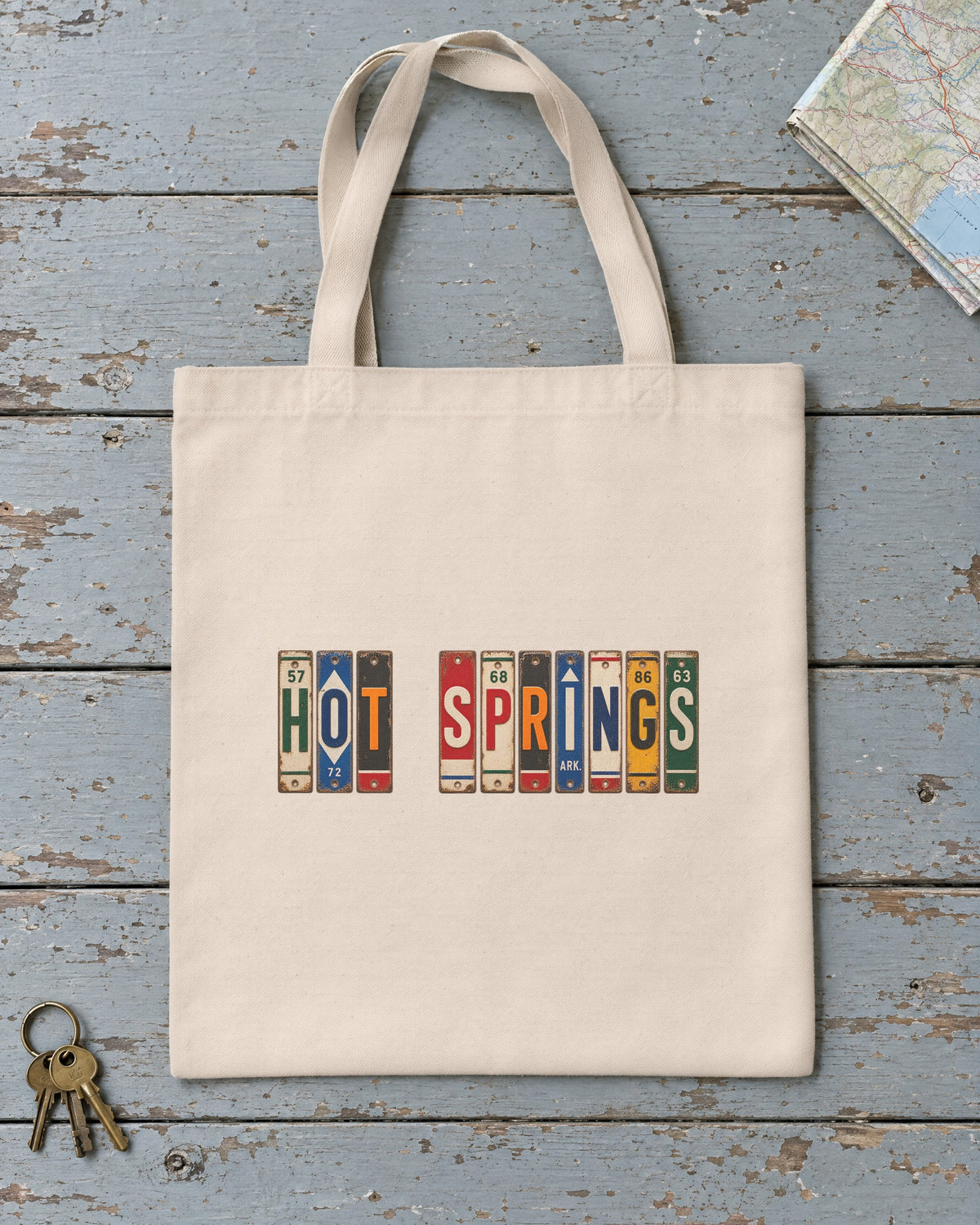 Hot Springs, Arkansas vintage license plate tote bag in Natural