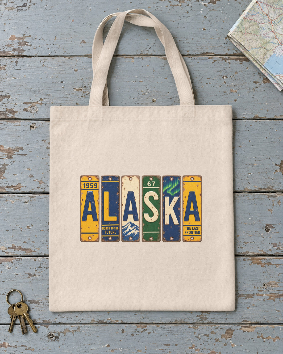 Alaska vintage license plate tote bag in Natural