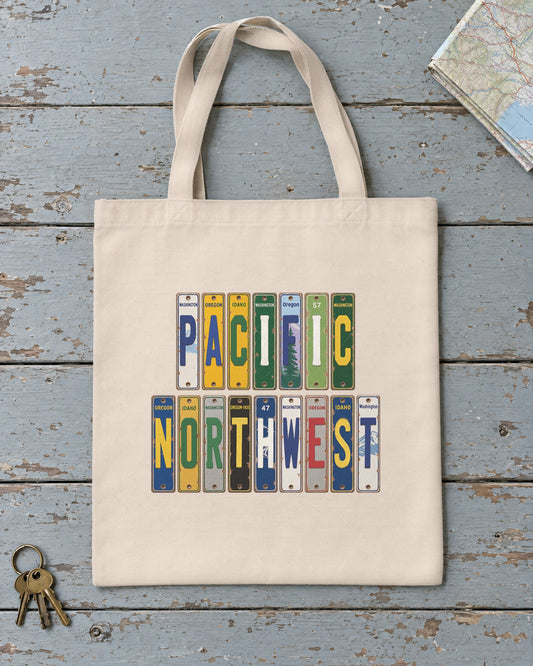 Pacific Northwest vintage license plate tote bag in Natural