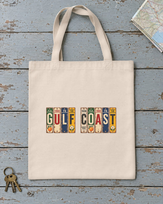 Gulf Coast vintage license plate tote bag in Natural