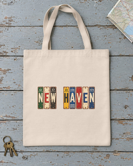 New Haven, Connecticut vintage license plate tote bag in Natural