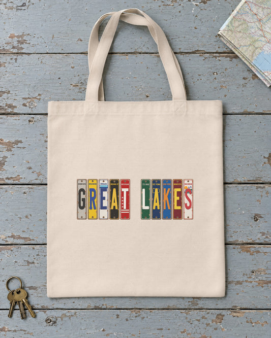 Great Lakes vintage license plate tote bag in Natural
