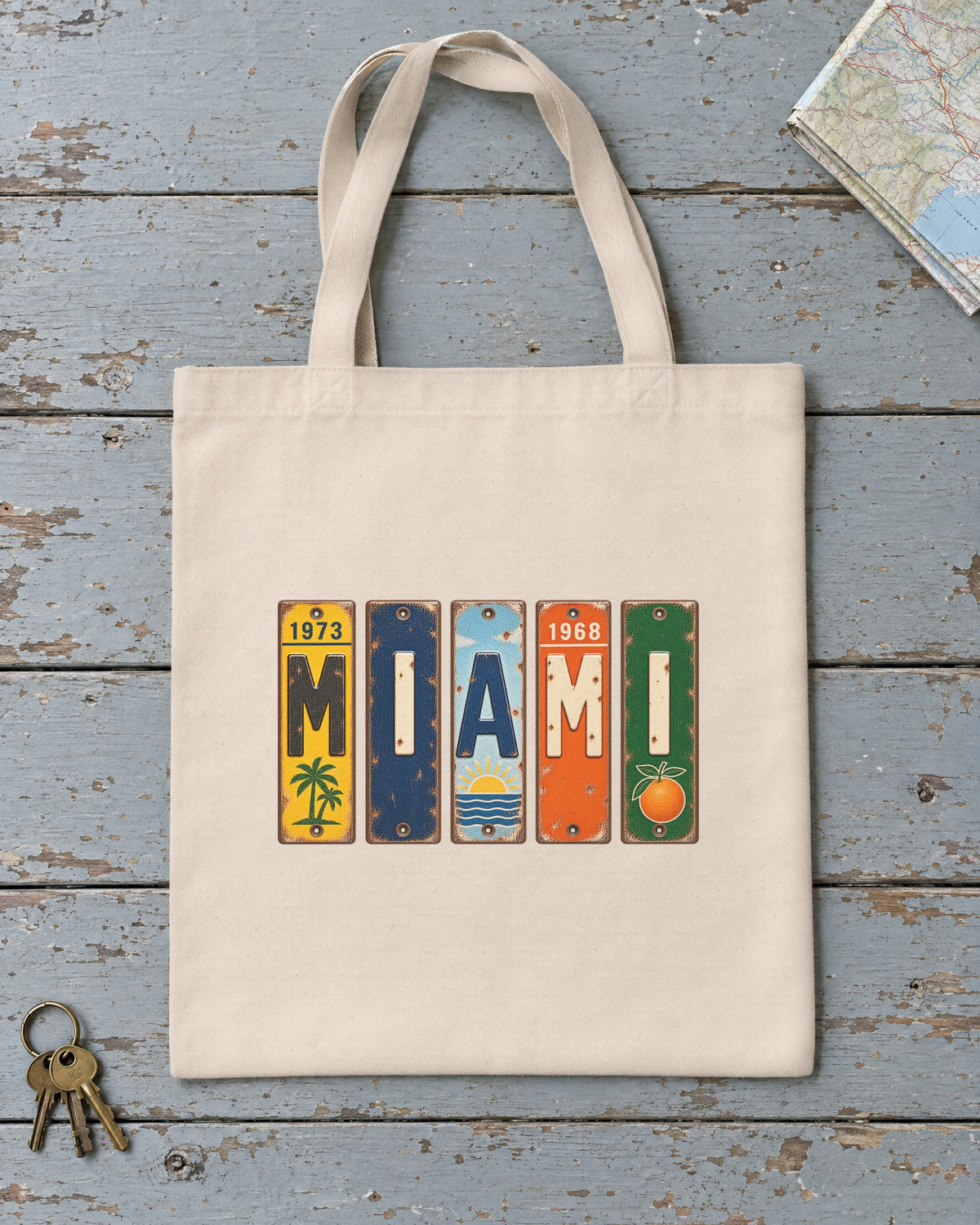 Miami, Florida vintage license plate tote bag in Natural