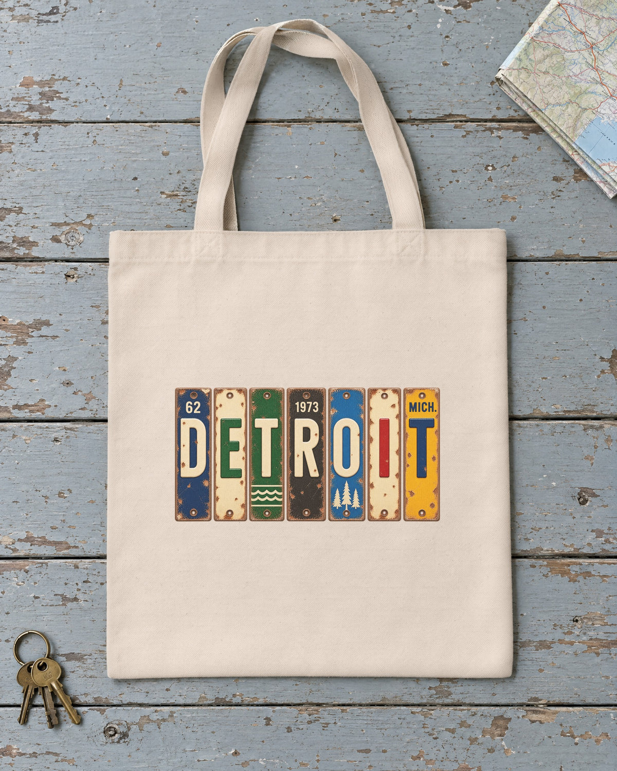 Detroit, Michigan vintage license plate tote bag in Natural