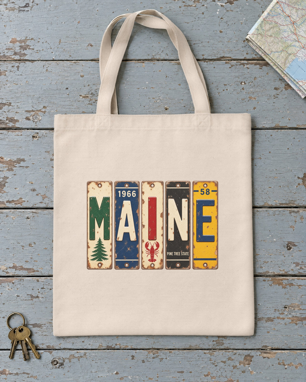 Maine vintage license plate tote bag in Natural