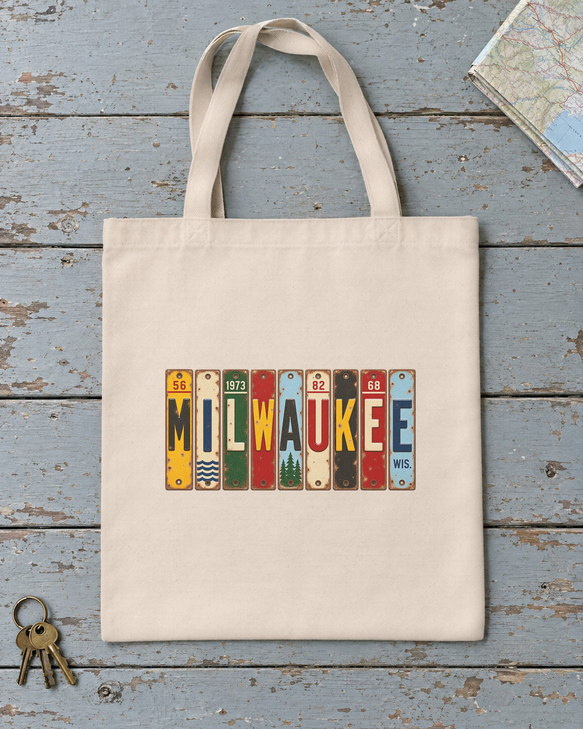 Milwaukee, Wisconsin vintage license plate tote bag in Natural