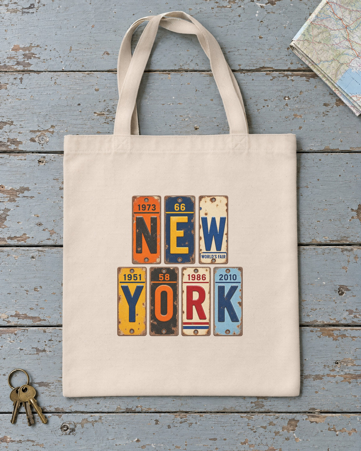 New York vintage license plate tote bag in Natural