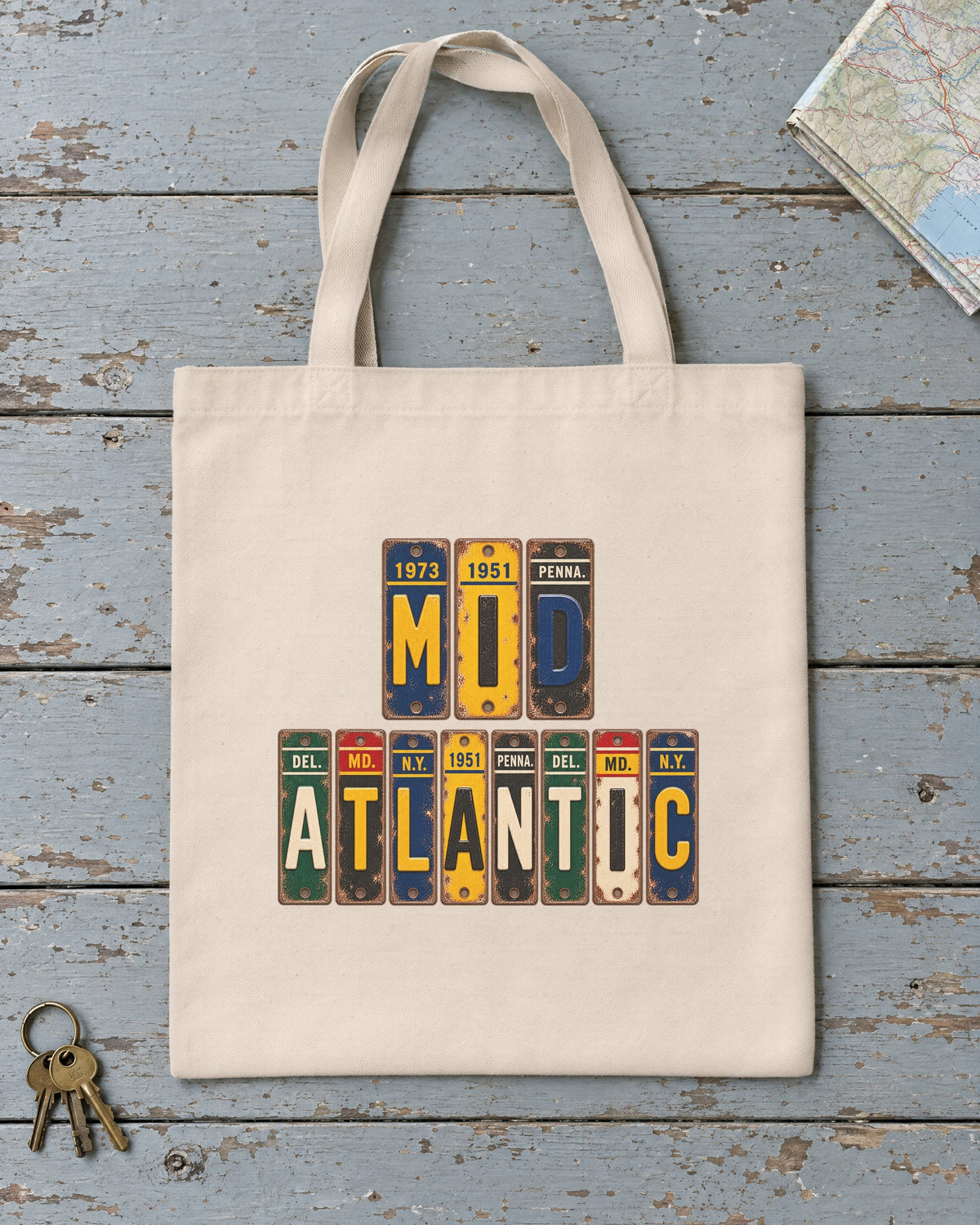 Mid-Atlantic vintage license plate tote bag in Natural