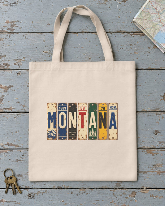 Montana vintage license plate tote bag in Natural