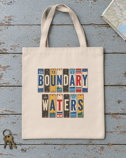 Boundary Waters, Minnesota vintage license plate tote bag in Natural