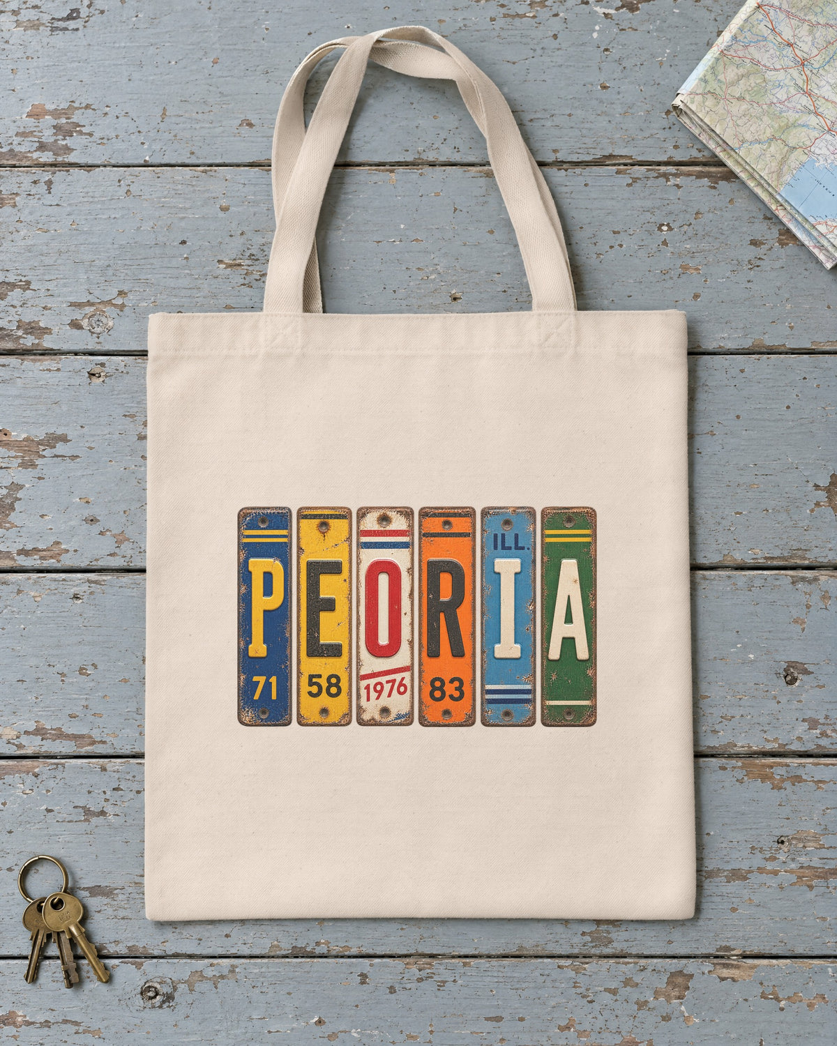 Peoria, Illinois vintage license plate tote bag in Natural