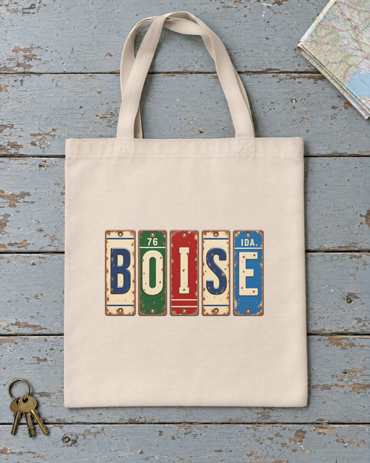 Boise, Idaho vintage license plate tote bag in Natural