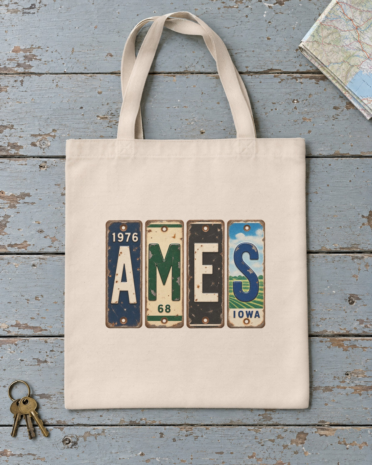 Ames, Iowa vintage license plate tote bag in Natural