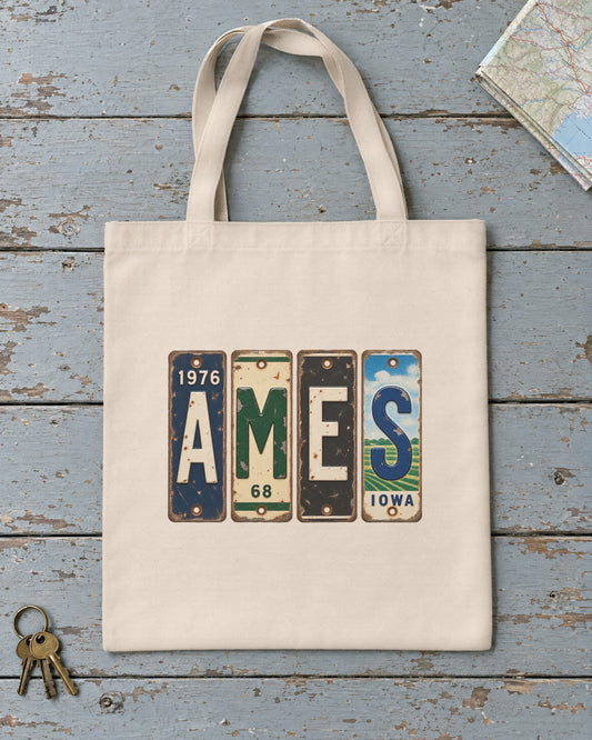 Ames, Iowa vintage license plate tote bag in Natural