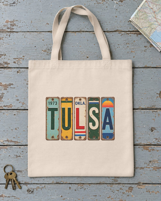 Tulsa, Oklahoma vintage license plate tote bag in Natural