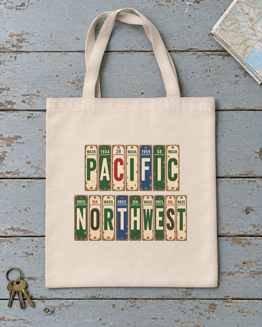 Pacific Northwest vintage license plate tote bag in Natural