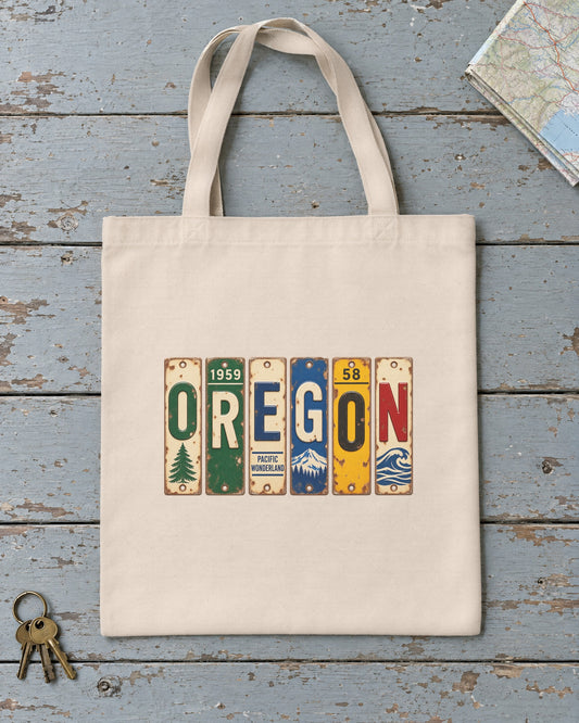 Oregon vintage license plate tote bag in Natural