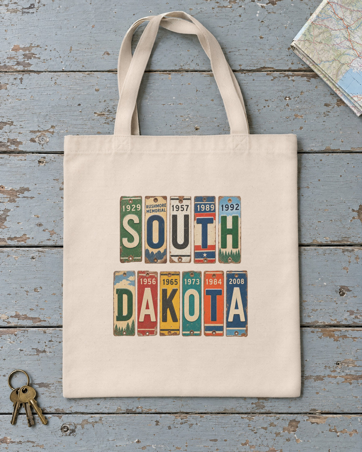 South Dakota vintage license plate tote bag in Natural