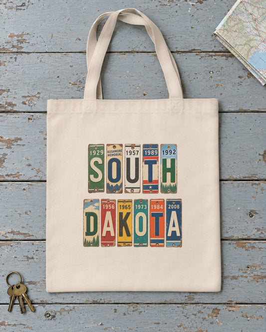 South Dakota vintage license plate tote bag in Natural