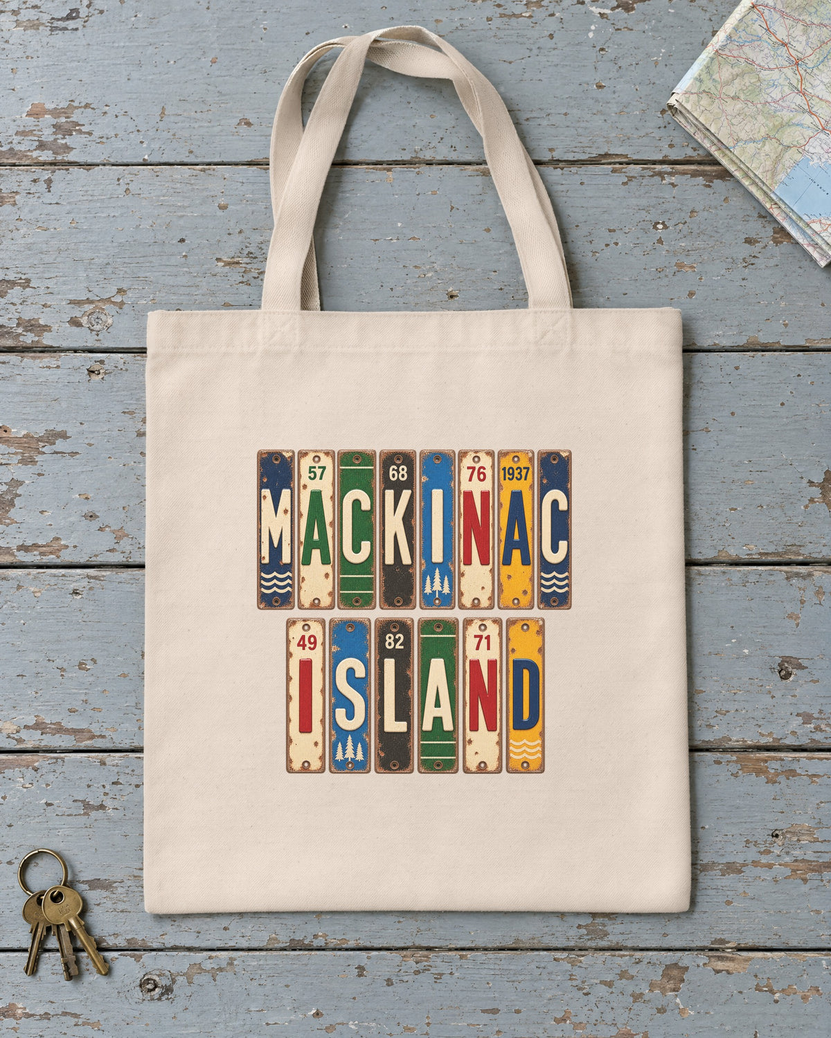 Mackinac Island, Michigan vintage license plate tote bag in Natural