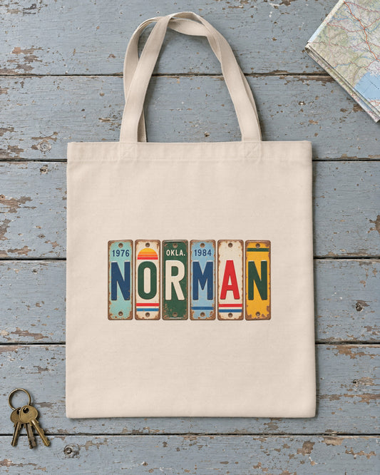 Norman, Oklahoma vintage license plate tote bag in Natural