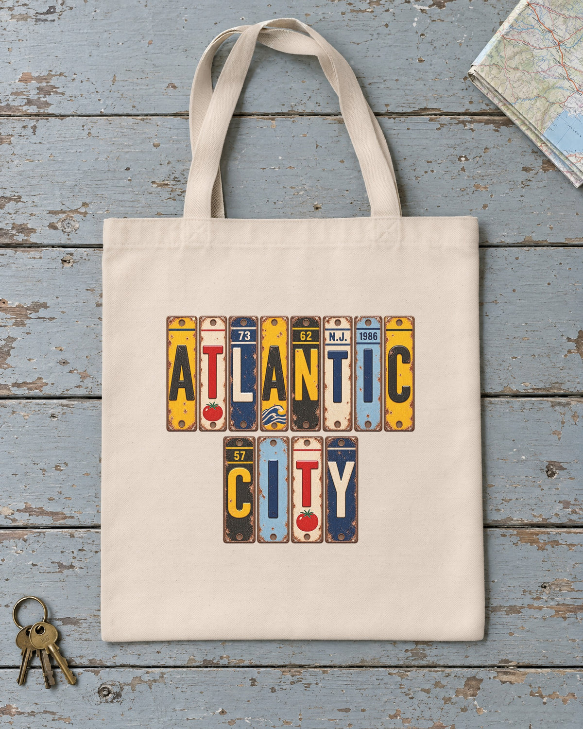 Atlantic City, New Jersey vintage license plate tote bag in Natural