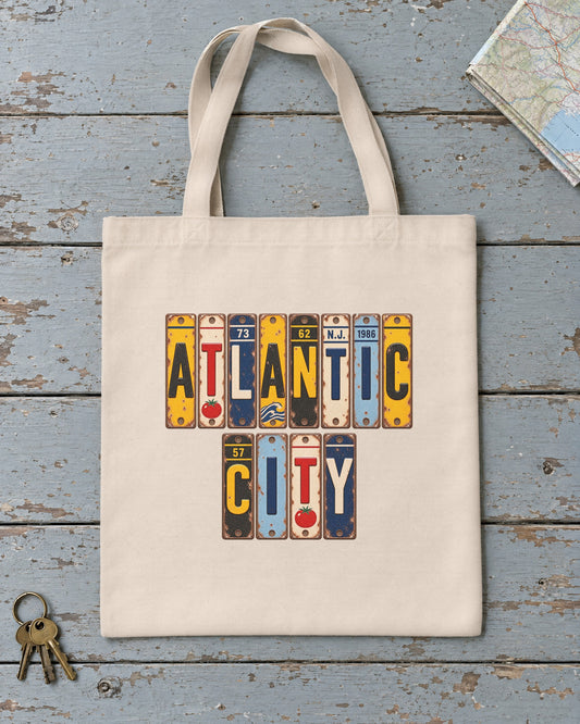 Atlantic City, New Jersey vintage license plate tote bag in Natural