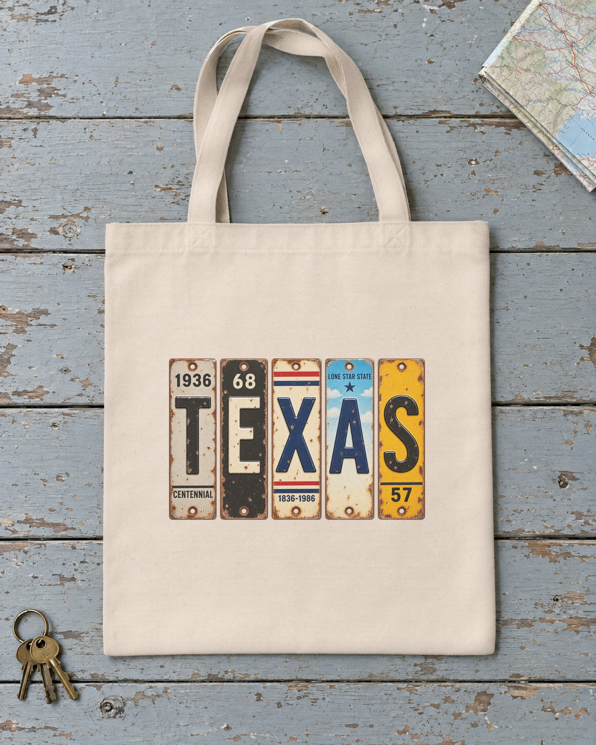 Texas vintage license plate tote bag in Natural