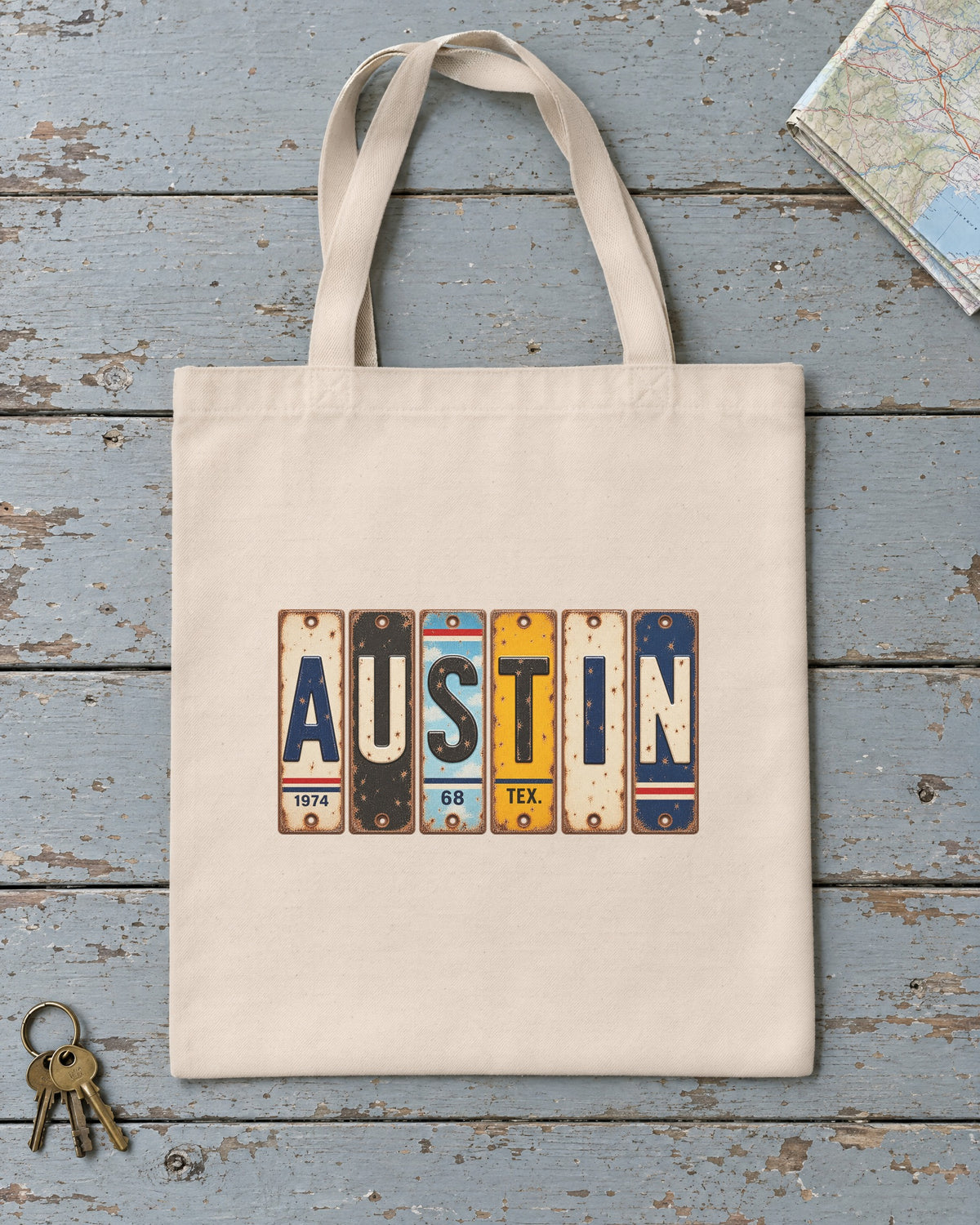 Austin, Texas vintage license plate tote bag in Natural