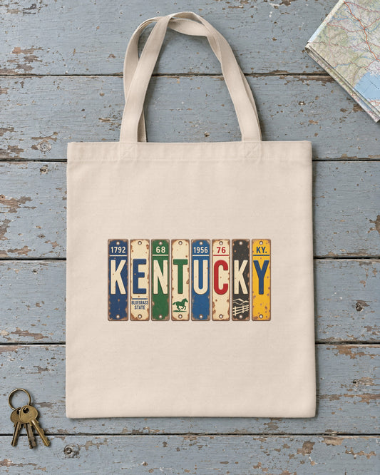 Kentucky vintage license plate tote bag in Natural