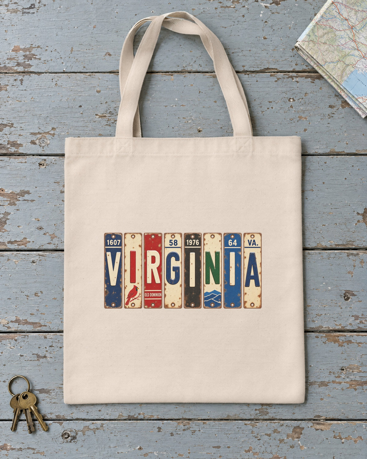 Virginia vintage license plate tote bag in Natural