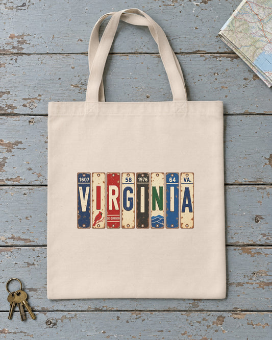 Virginia vintage license plate tote bag in Natural