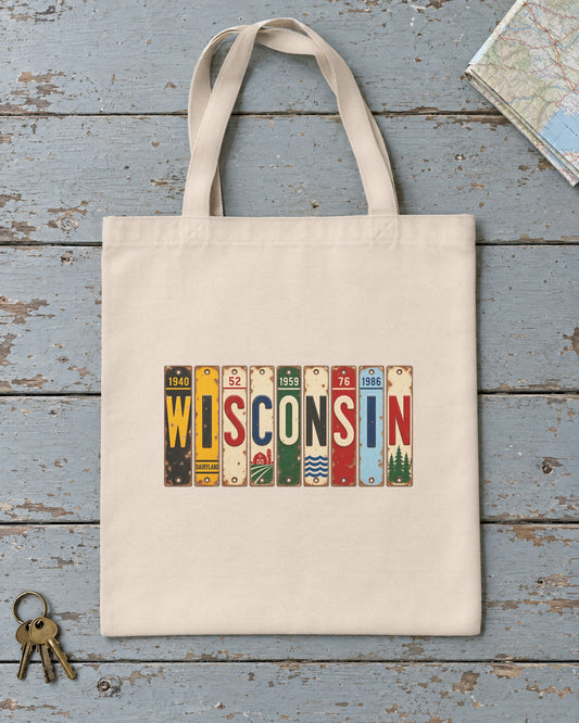 Wisconsin vintage license plate tote bag in Natural