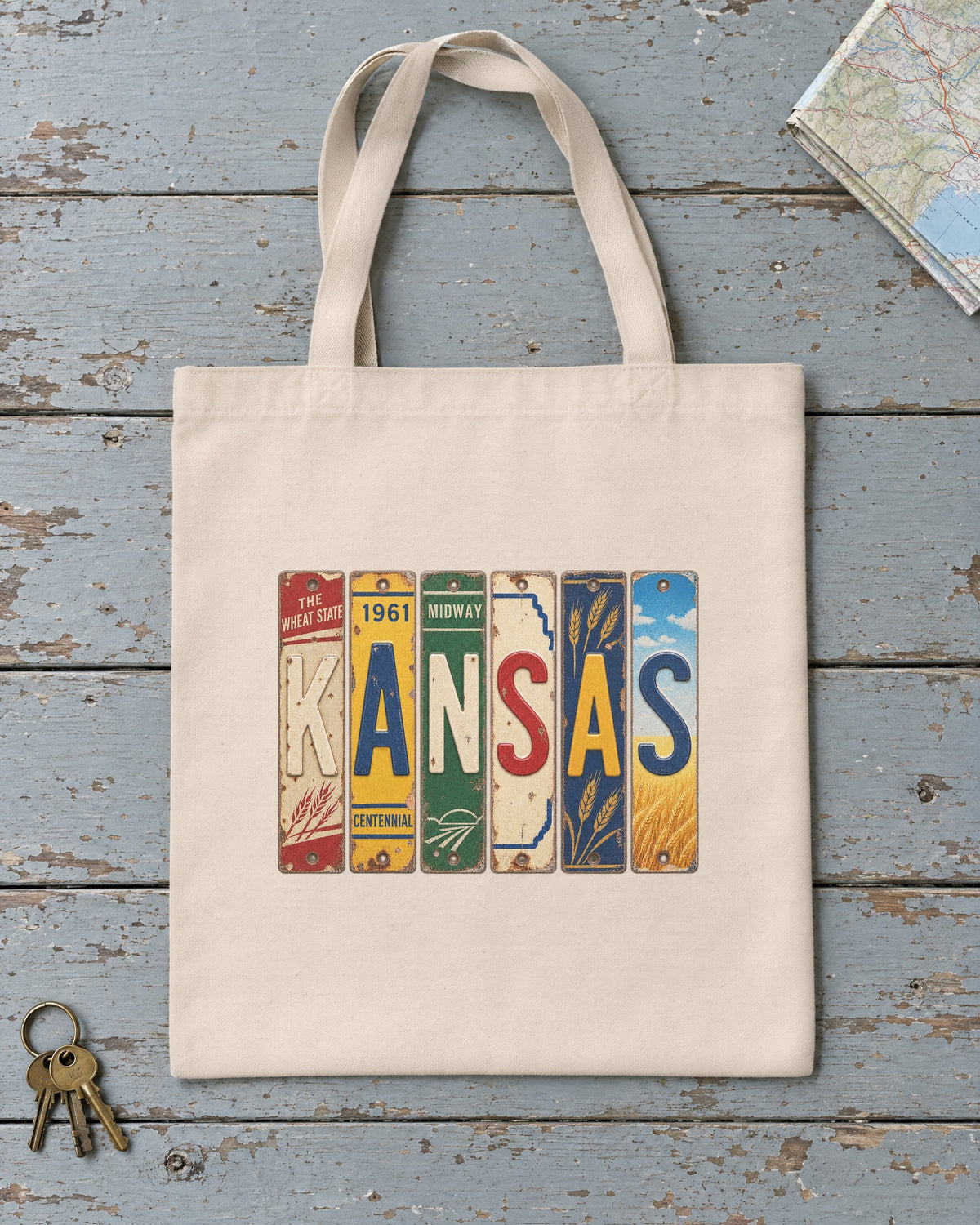 Kansas vintage license plate tote bag in Natural