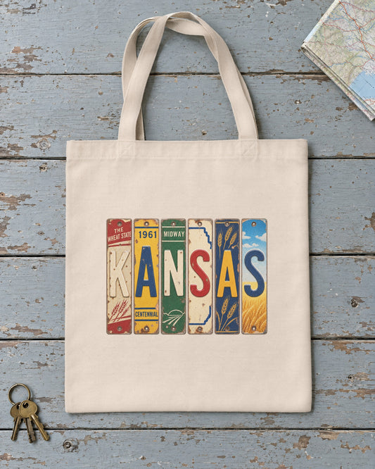 Kansas vintage license plate tote bag in Natural