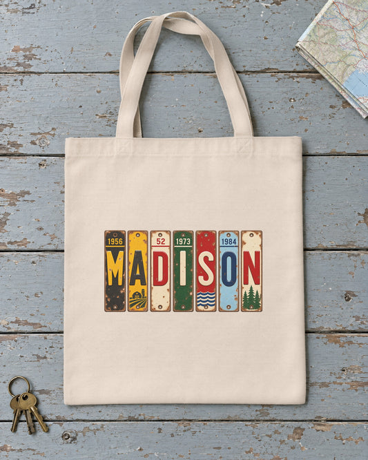 Madison, Wisconsin vintage license plate tote bag in Natural