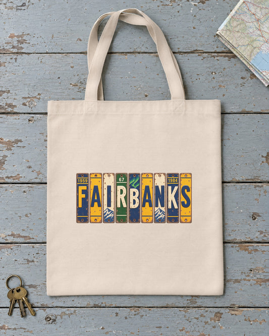 Fairbanks, Alaska vintage license plate tote bag in Natural